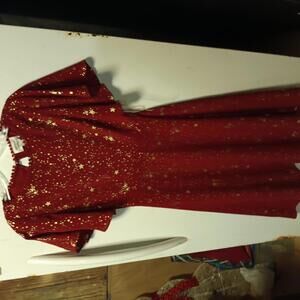 Unique Vintage Red Dress with Gold Star Print and Flutter Sleeves - XS